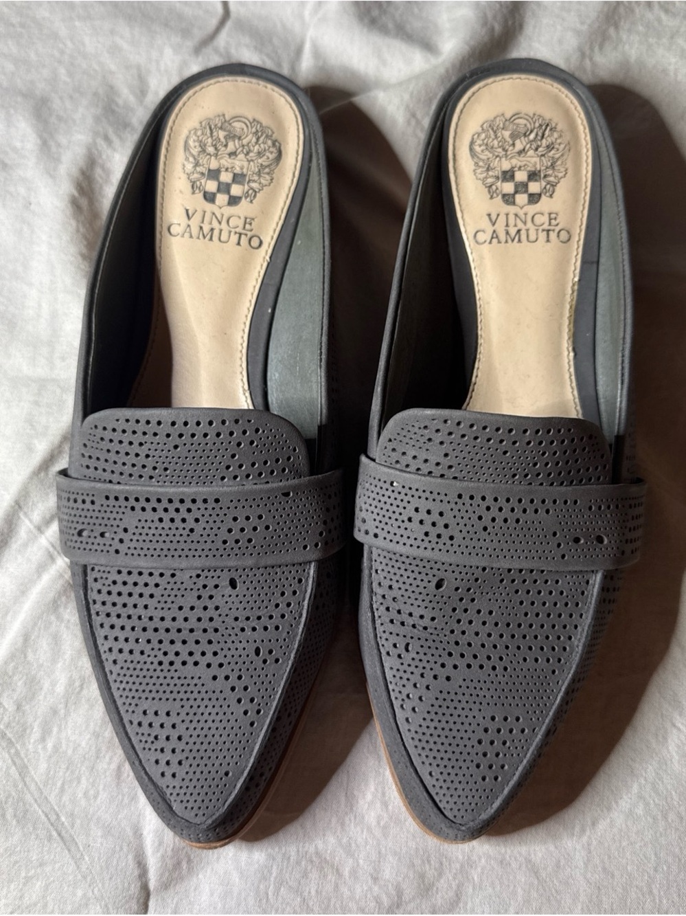 Vince Camuto Grey Perforated Pointed Mule Loafers - Picture 2 of 3